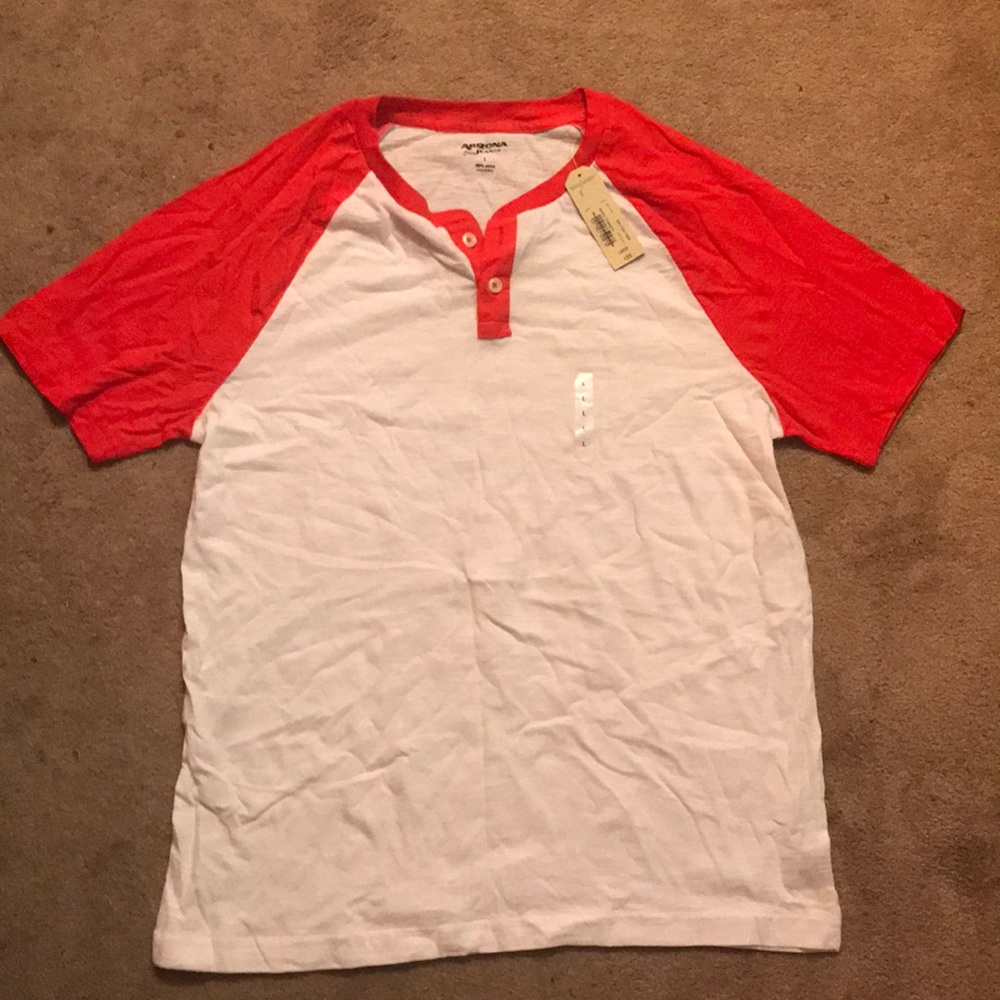 Red and white V neck T-shirt